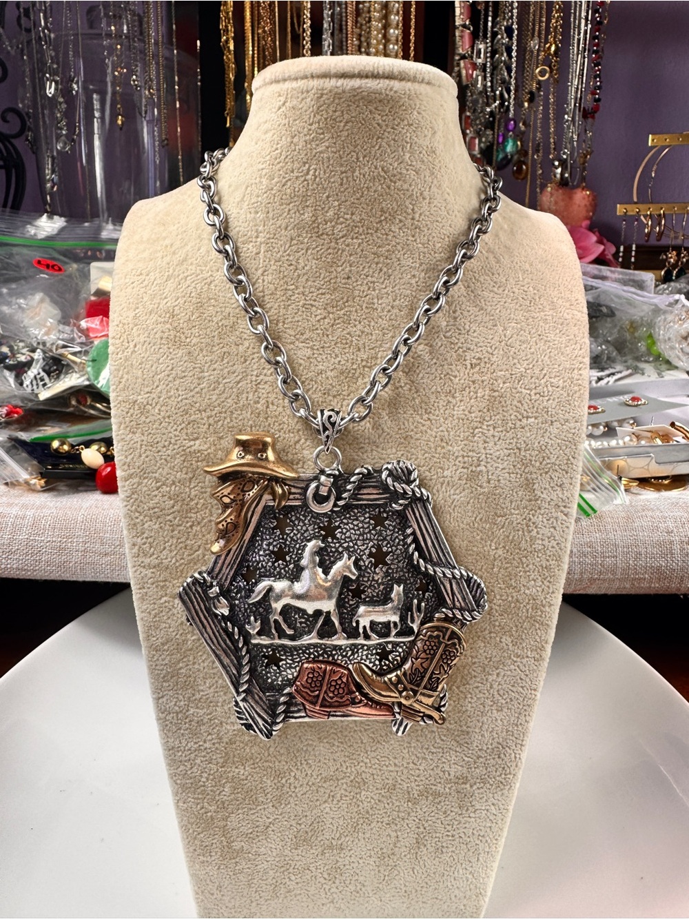 Western Horse & Boot Decorative Pendant Necklace - Silver and Two-Tone